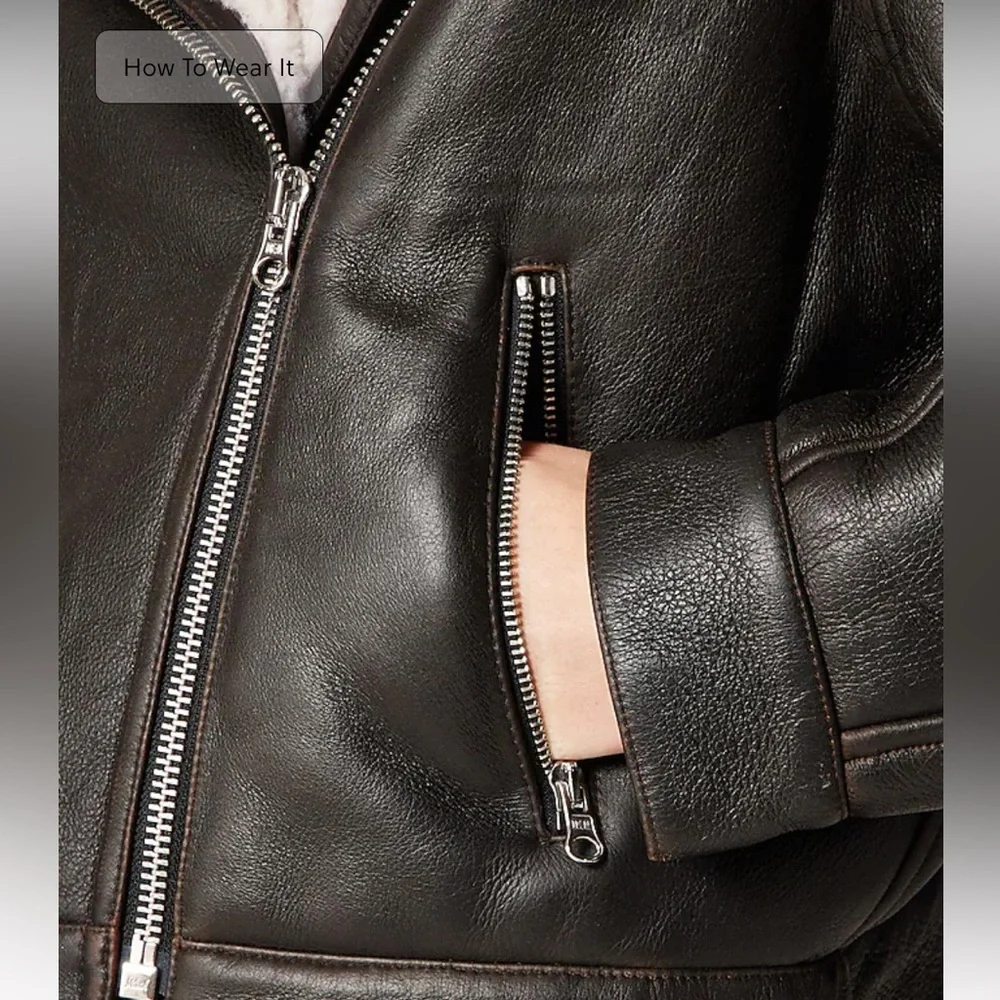 J. Crew Collection Black Leather Shearling Moto‎ Zip Up Jacket XL